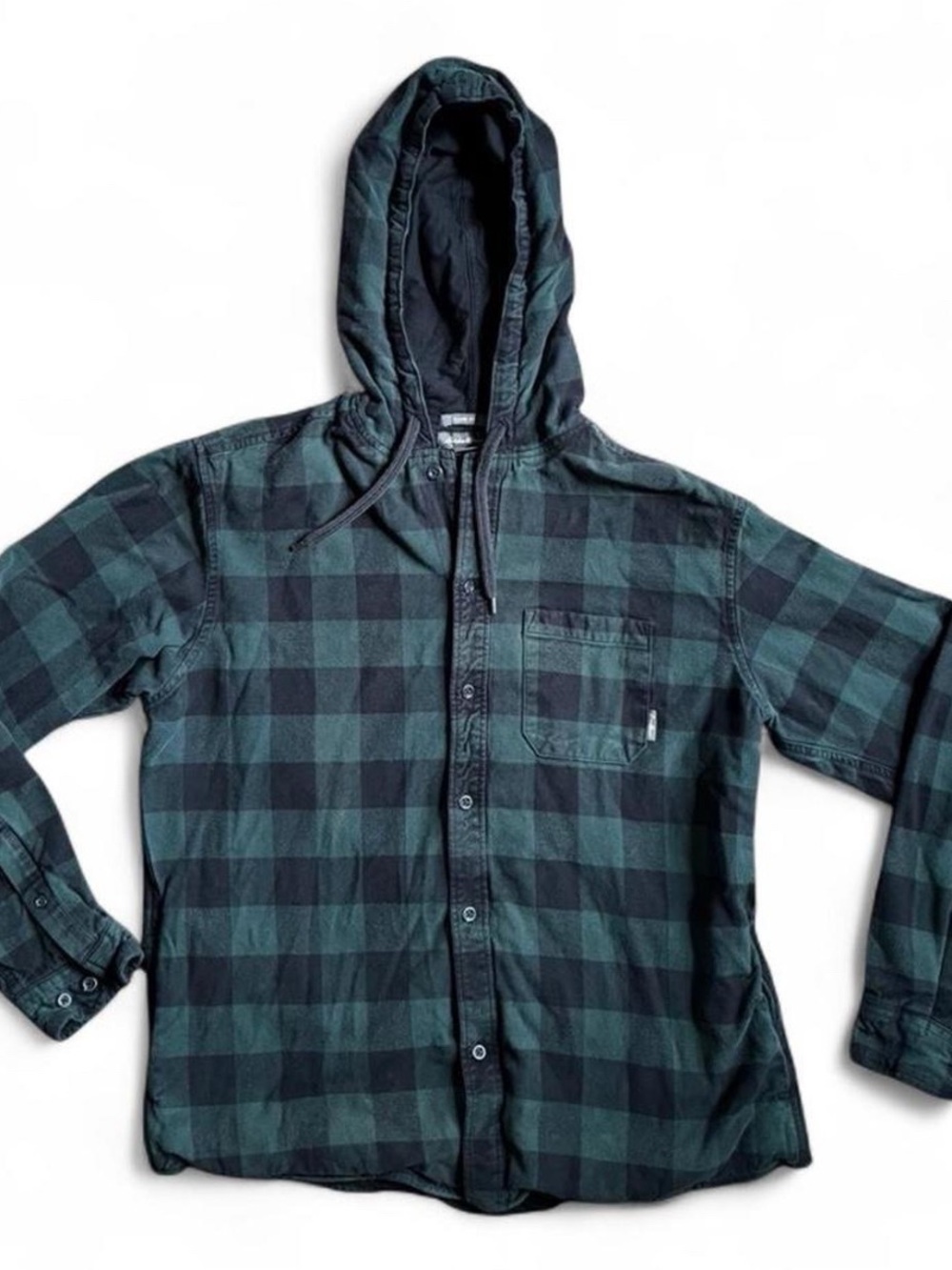 Eddie Bauer Men’s Lined green + navy plaid flannel button-up shirt jacket large